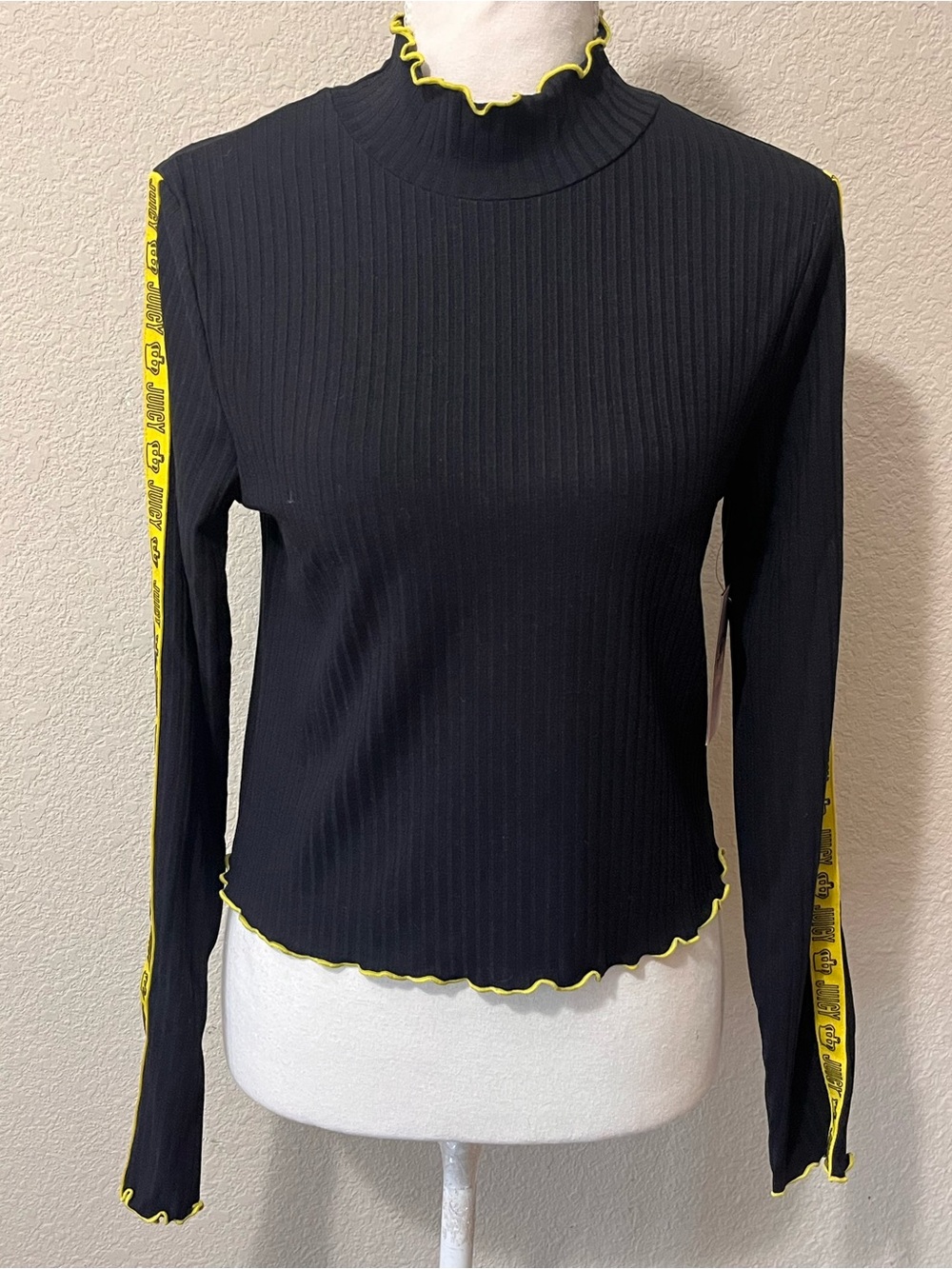 NWT Juicy Couture Black Ribbed Mock Neck Crop Top with Neon Logo Sleeve